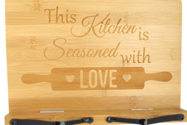 Seasoned with Love Cookbook Stand - Engraved Bamboo Recipe Stand - Wooden Recipe Book Holder