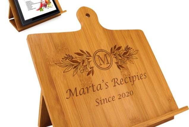 Personalized Bamboo Cookbook Stand - Custom Engraved Recipe Holder with Tablet & Book Easel, Wedding, Housewarming, Mom Gift