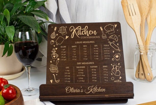 Engraved Wooden Cookbook Stand: Personalized Kitchen Conversion Chart