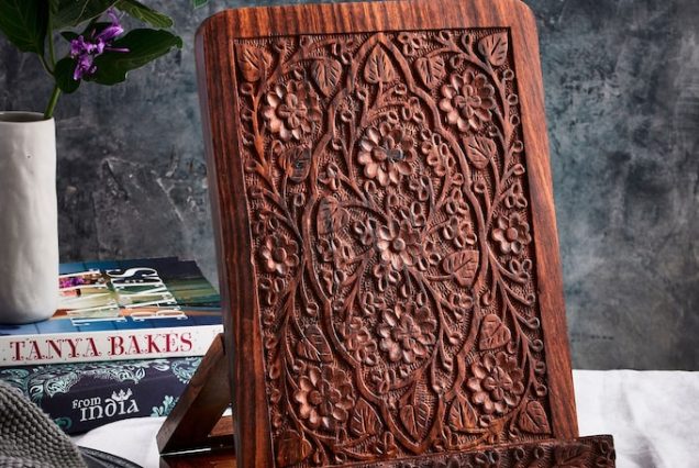 Floral Countertop Carved Wood Stand - Tablet, Cook Book, Recipe Cards, Present for Home Chefs