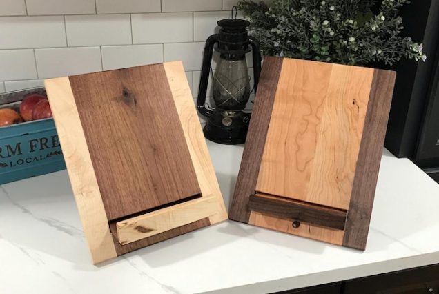 Adjustable Wooden Cookbook Holder. Handmade of Black Walnut and Hard Maple or Dark Maple and Black Walnut. A perfect bridal shower gift!