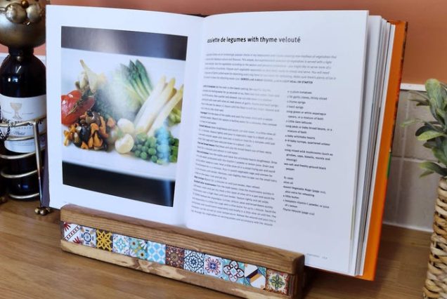 Unique Kitchen Cookbook Rack Handcrafted Reclaimed Wood with Moroccan Tiles